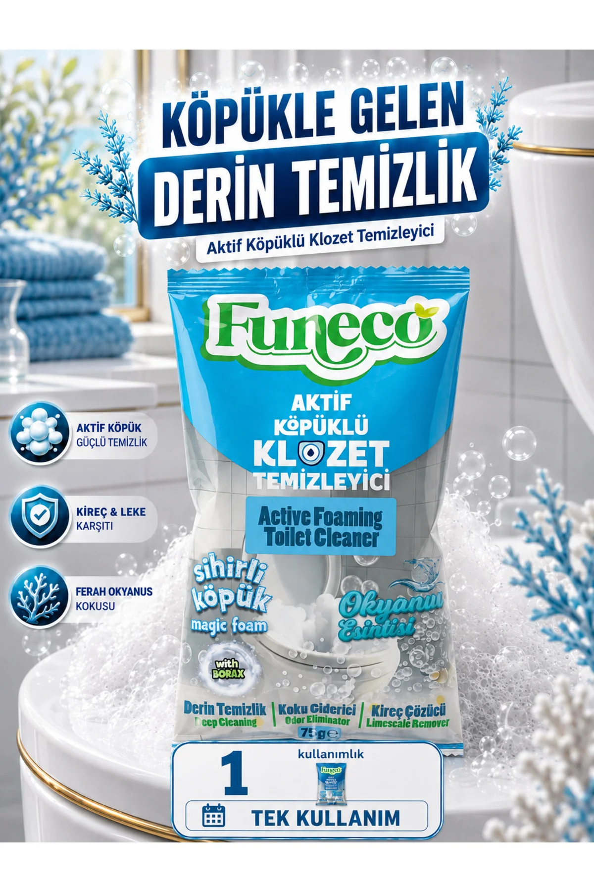 Klozet Tuvalet WC Temizleyici, Aktif Köpüklü, Doğa Dostu, Okyanus Ferahlığı - 1 Paket Fiyatı, Yorumları ve Özellikleri