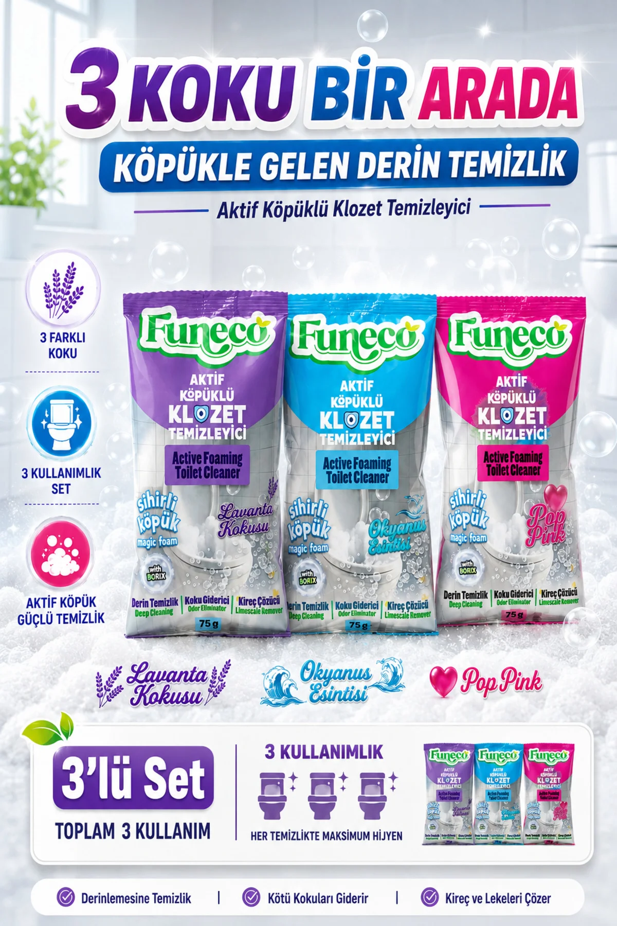 Klozet WC Temizleyici Set, 3 Paket - Lavanta, Okyanus, Pop Pink!! Fiyatı, Yorumları ve Özellikleri