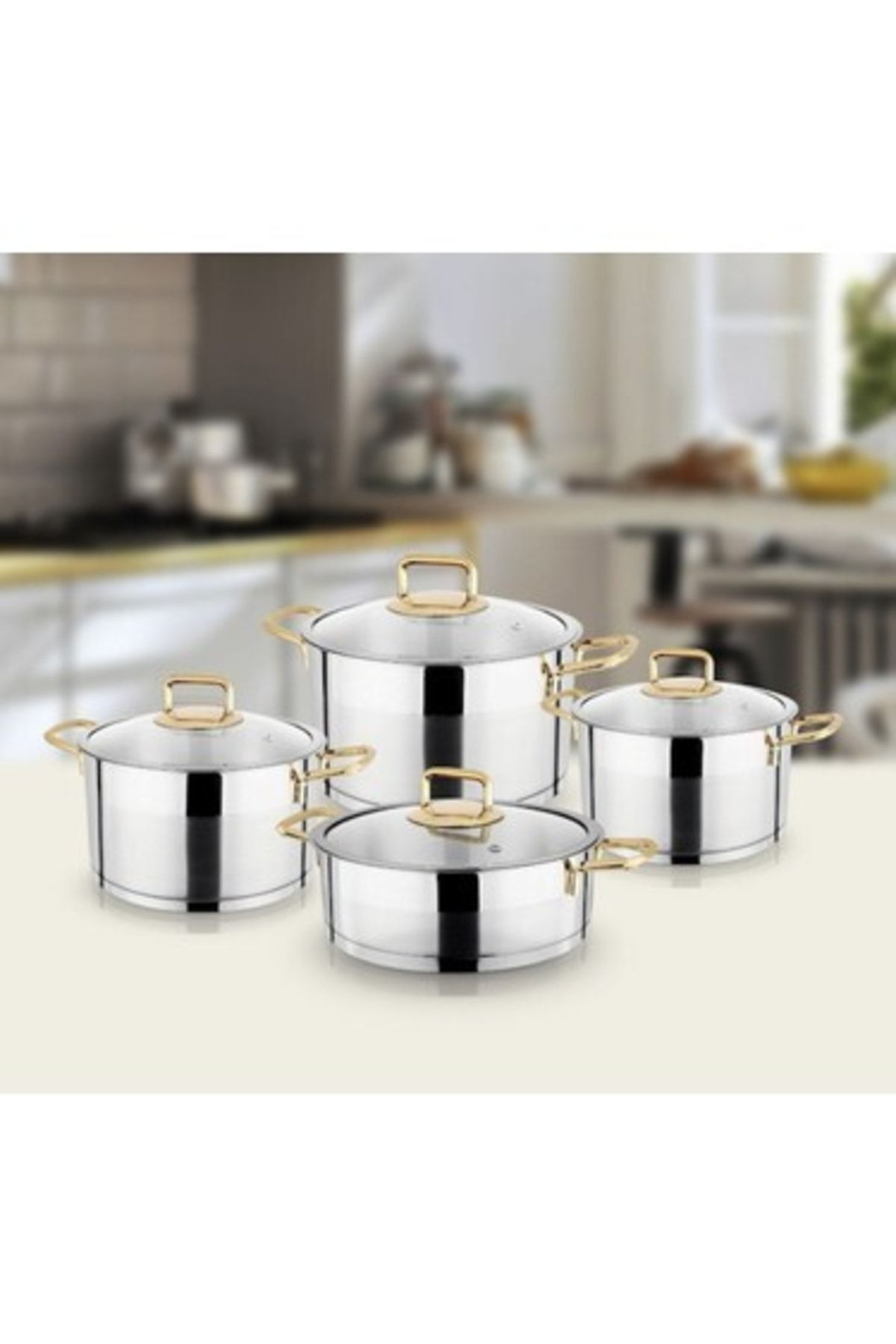 Km 8 Parça Gold Kulplu Çelik Tencere Seti