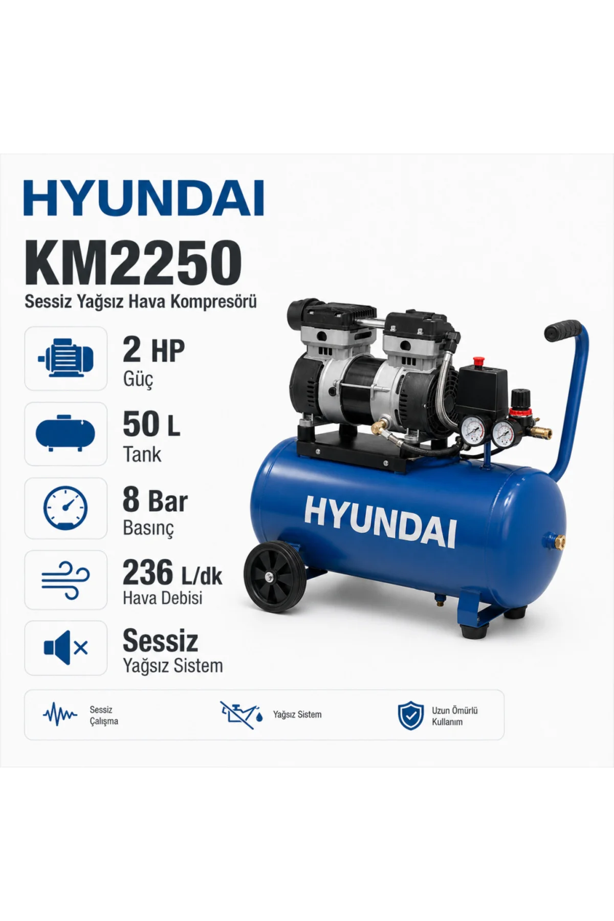 KM2250 Sessiz Yağsız Hava Kompresörü 50 Litre 2 HP 8 Bar