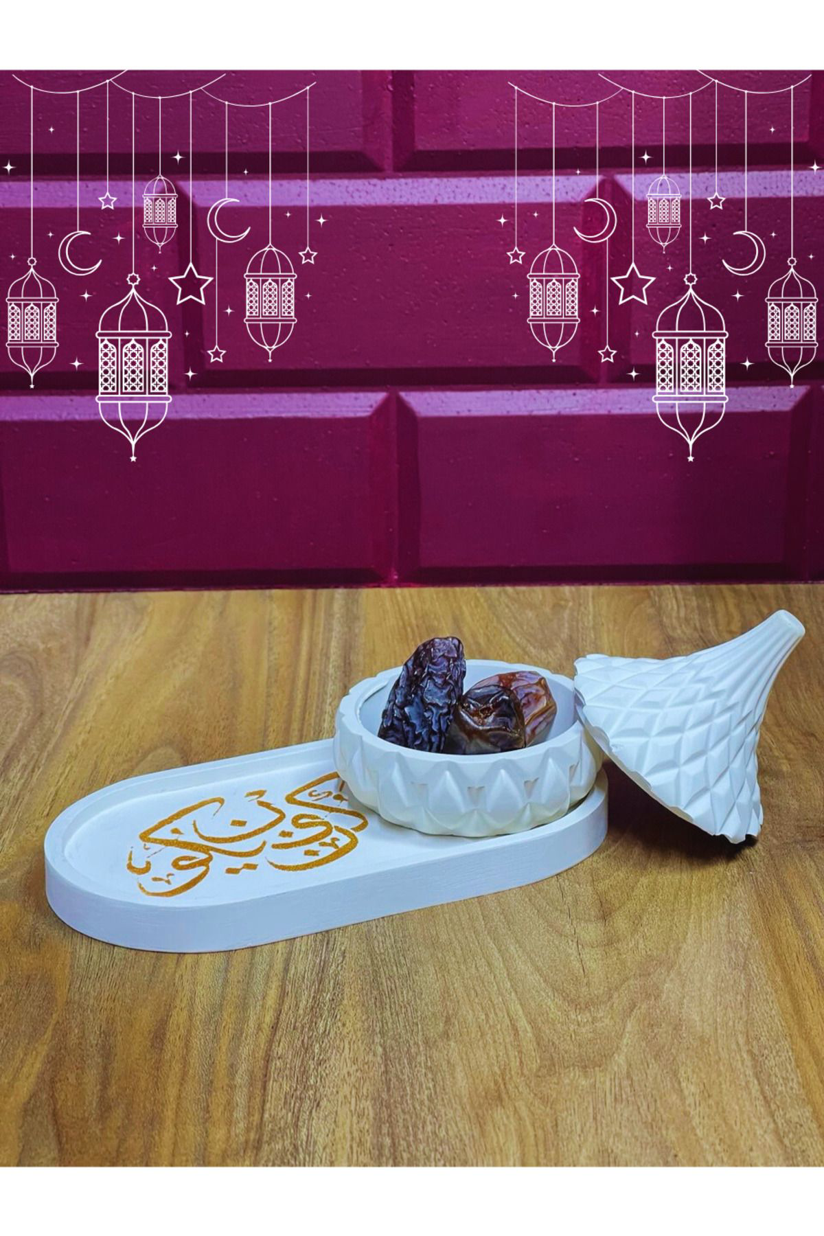 Kûn Fe Yekûn Hat Sanatlı Oval Tepsi ve Kristal Kapaklı Kutulu Dek