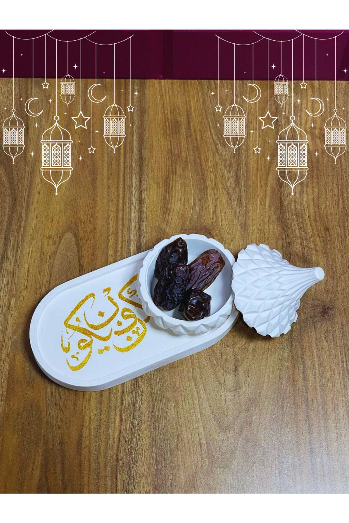 Kûn Fe Yekûn Hat Sanatlı Oval Tepsi ve Kristal Kapaklı Kutulu Dek