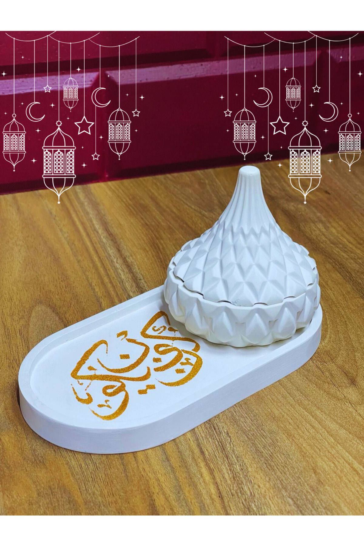 Kûn Fe Yekûn Hat Sanatlı Oval Tepsi ve Kristal Kapaklı Kutulu Dek