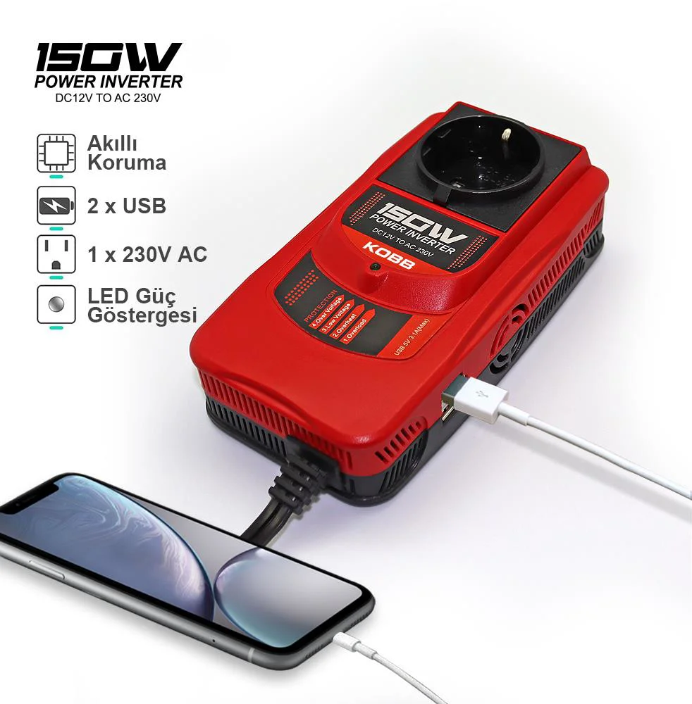 KOBB KBN150 12V/220V 150Watt Modifiye Sinüs Dönüştürücü İnvertör KOBB KBN150 12V/220V 150Watt Modifiye Sinüs Dönüştürücü İnvertör