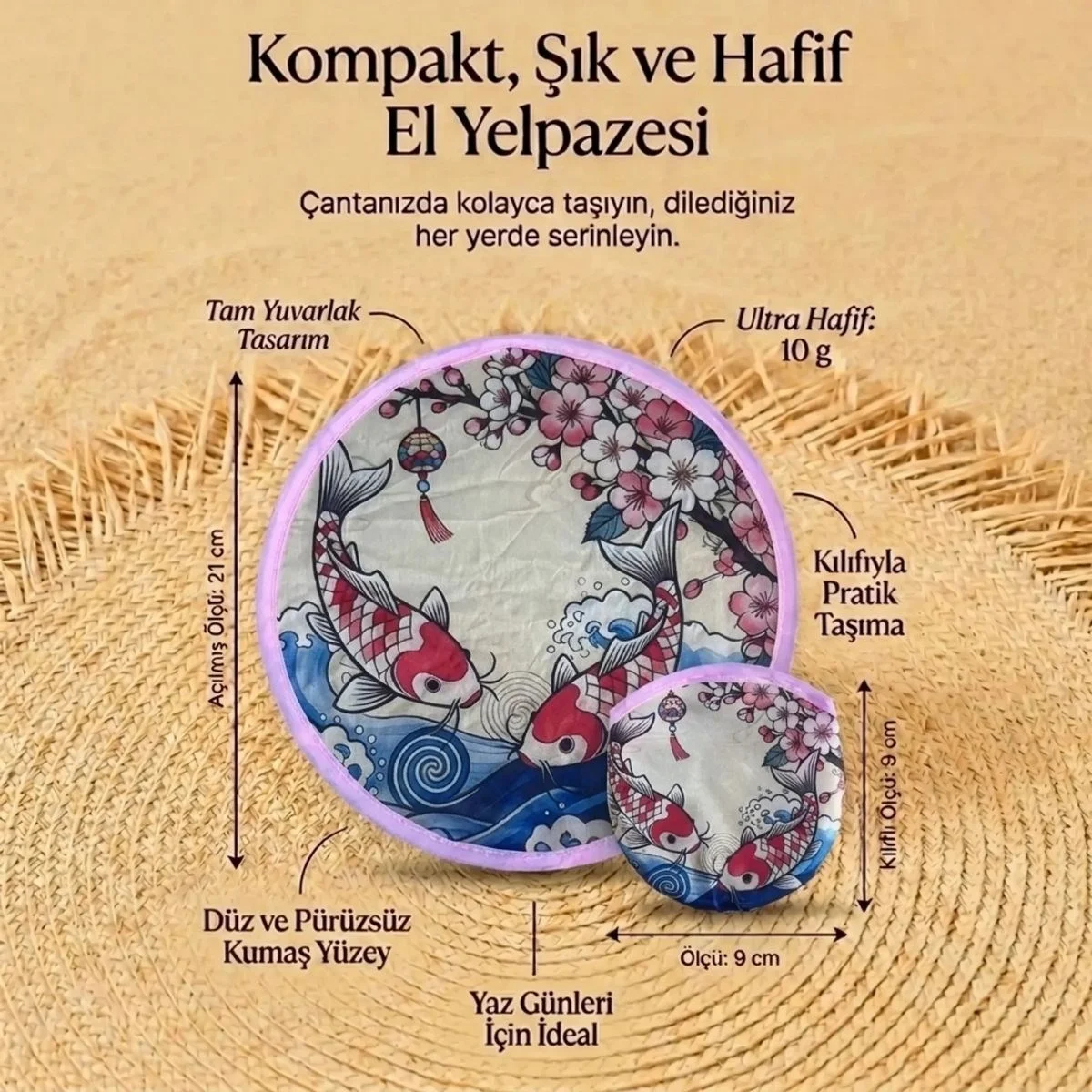 Koi Balığı Ve Kiraz Çiçeği Desenli Katlanabilir Cep Yelpazesi - Japon Stili Kılıflı El Yelpazesi Bx40 Fiyatı, Yorumları ve Özellikleri
