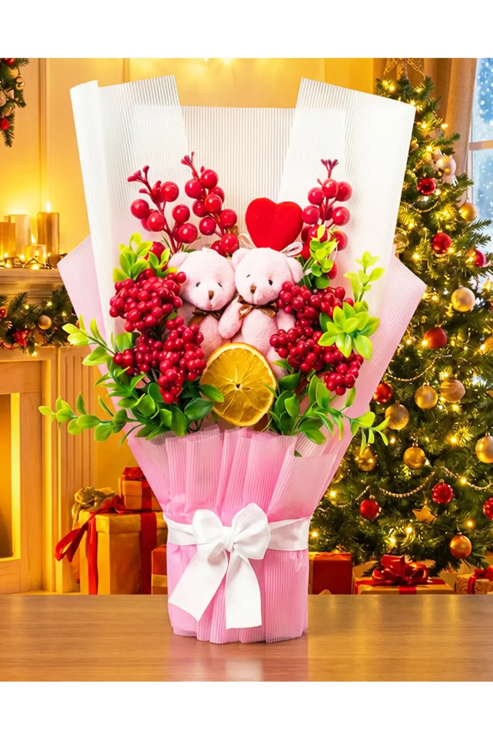 Kokina Buketi Pembe Ayıcıklı - Kadina Yilbasi Hediyesi - Sevgilil