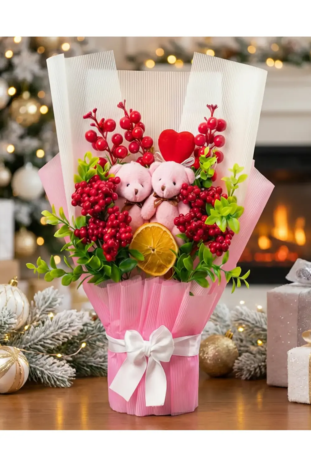 Kokina Buketi Pembe Ayıcıklı - Kadina Yilbasi Hediyesi - Sevgilil