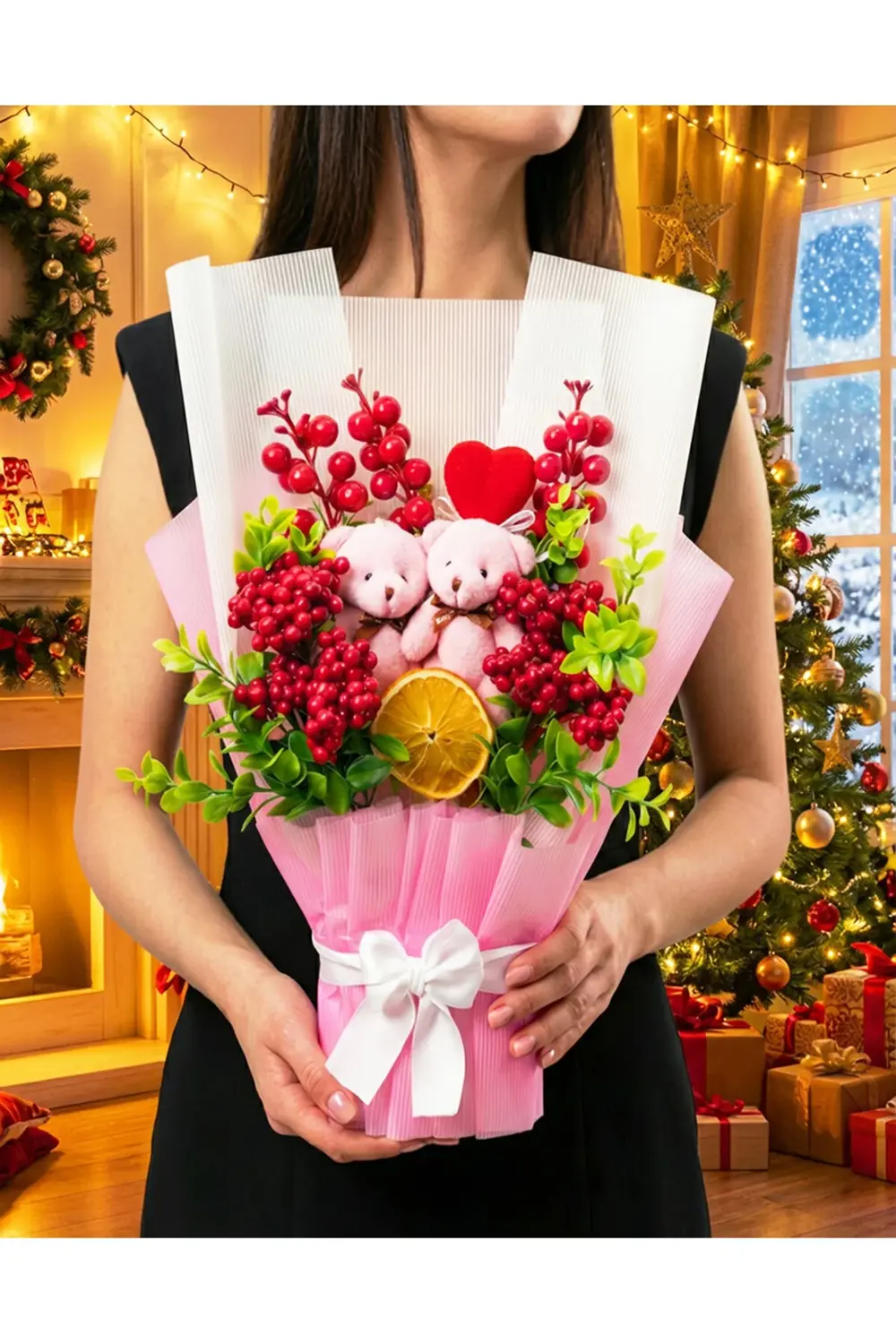 Kokina Buketi Pembe Ayıcıklı - Kadina Yilbasi Hediyesi - Sevgilil