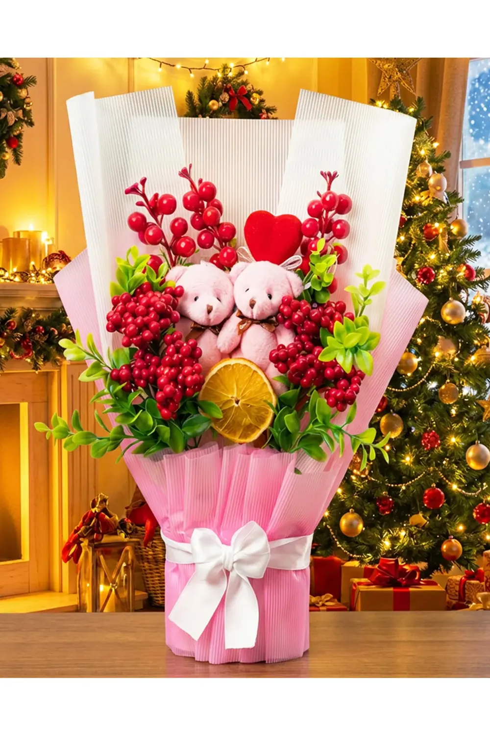 Kokina Buketi Pembe Ayıcıklı - Kadina Yilbasi Hediyesi - Sevgilil