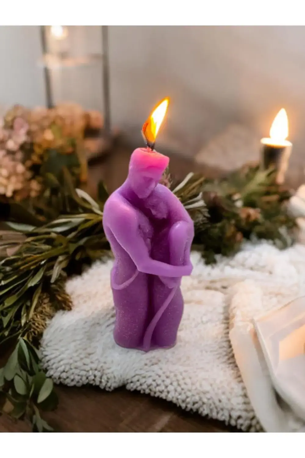 kokulu sarılan çift sevgili mor dekoratif hediyelik dilek mumu