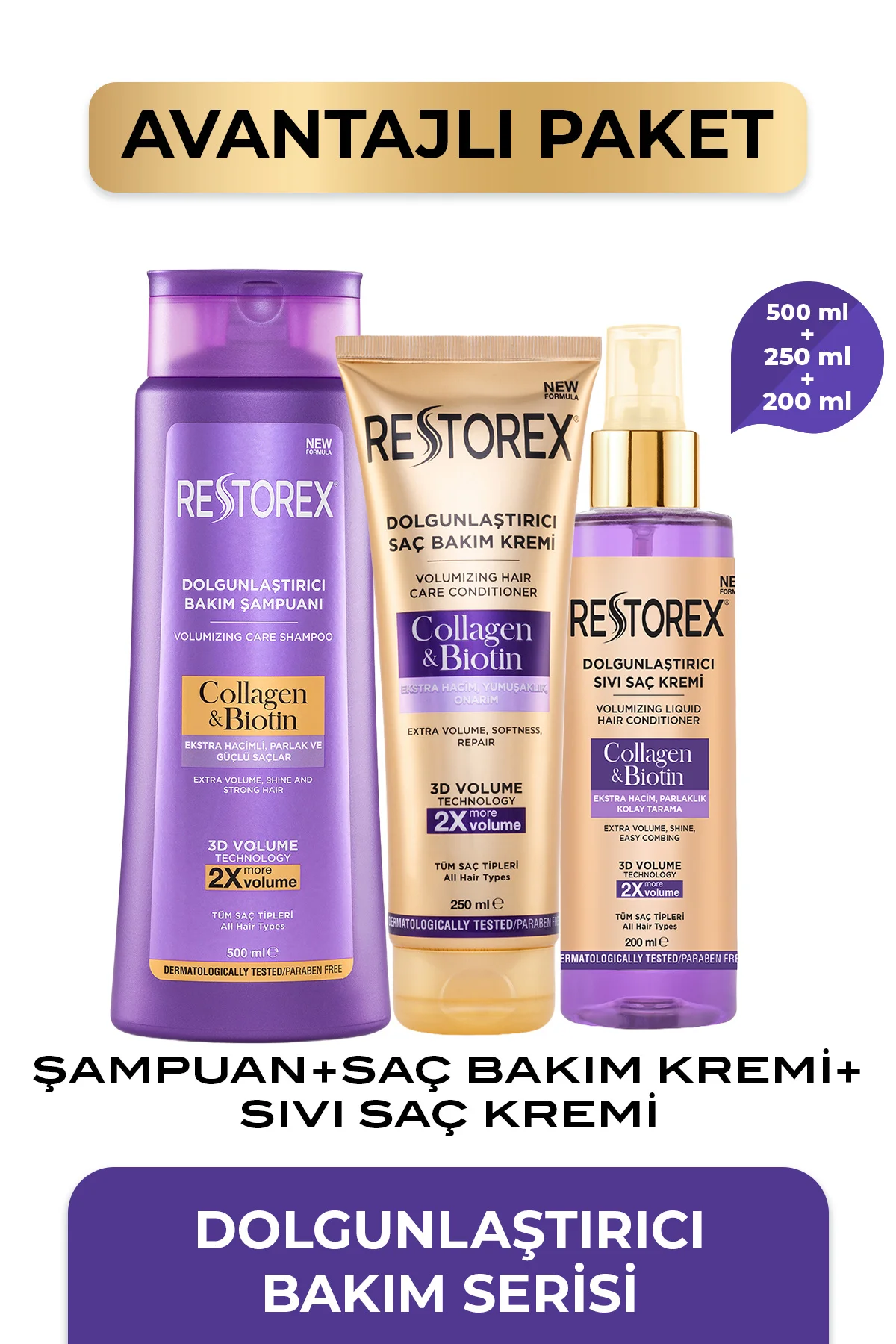 Kolajen & Biotin Dolgunlaştırıcı Sıvı Saç Kremi + Şampuan + Saç Bakım Kremi Kolajen & Biotin Dolgunlaştırıcı Sıvı Saç Kremi + Şampuan + Saç Bakım Kremi