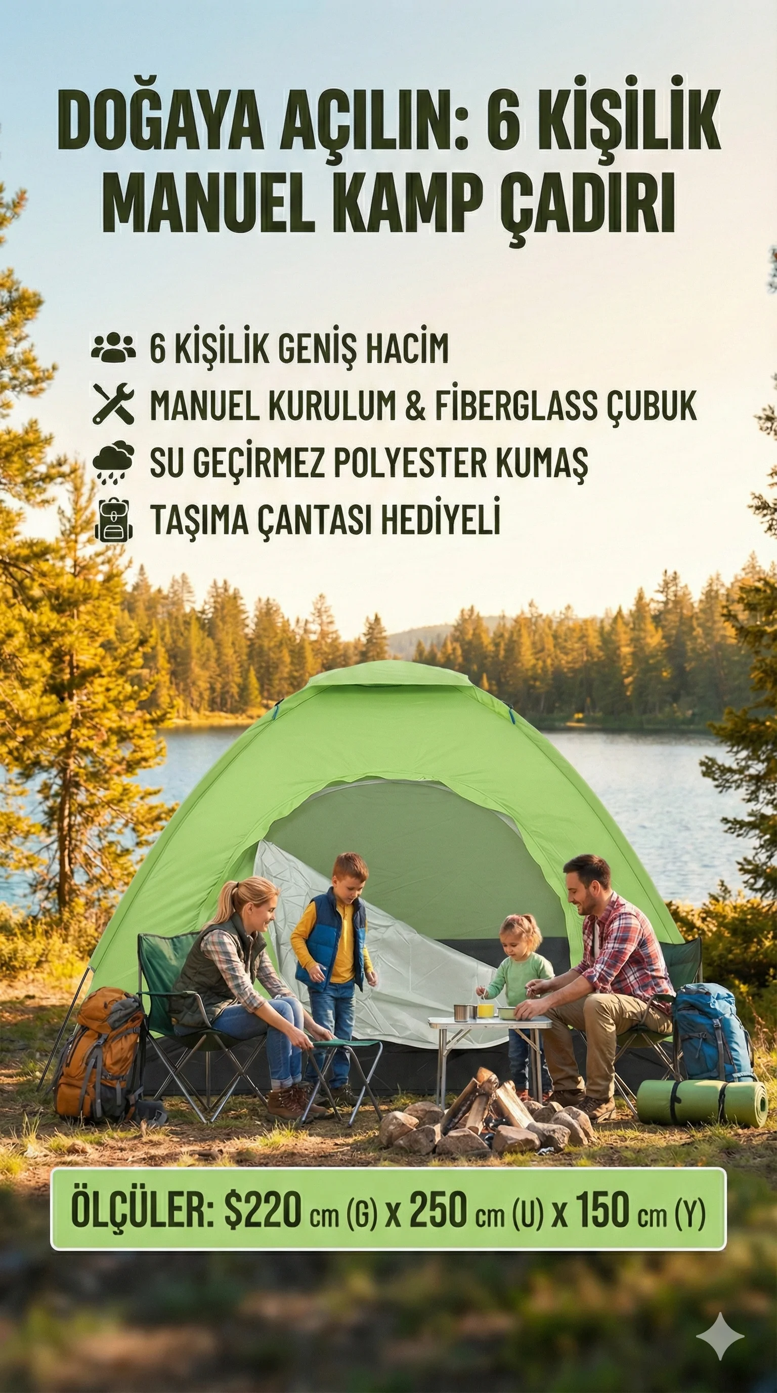 Kolay Kurulumlu Pratik Kamp Çadırı 6 Kişilik  (220x250x150)