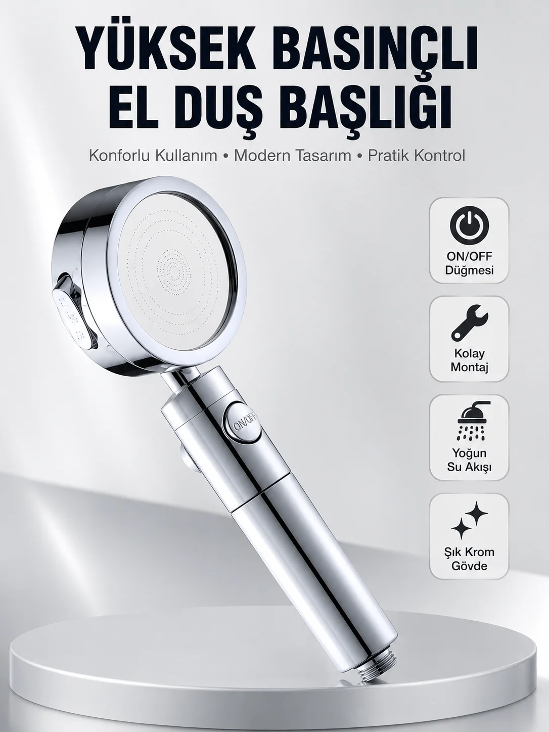 Kolay Montajlı 3 Modlu Yüksek Basınç Duş Başlığı