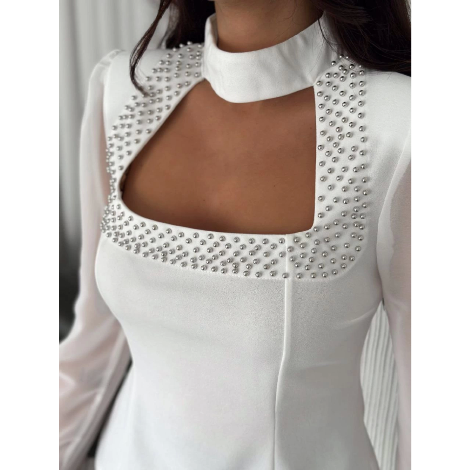 Kolları Şifon Göğüste İnci Lucky Life Kadın Boncuk Detaylı Bluz -