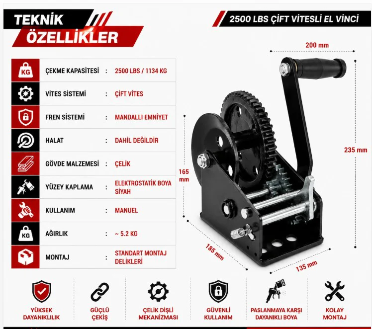 KOLLU IRGAT EL VİNCİ 2500LBS 1134kg. KOLLU IRGAT EL VİNCİ 2500LBS 1134kg.