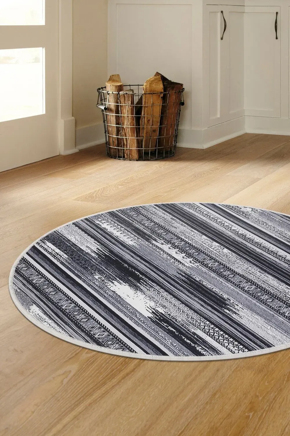 Köln Gri Saçaksız Dijital Yuvarlak Halı Kaymaz Yıkanabilir