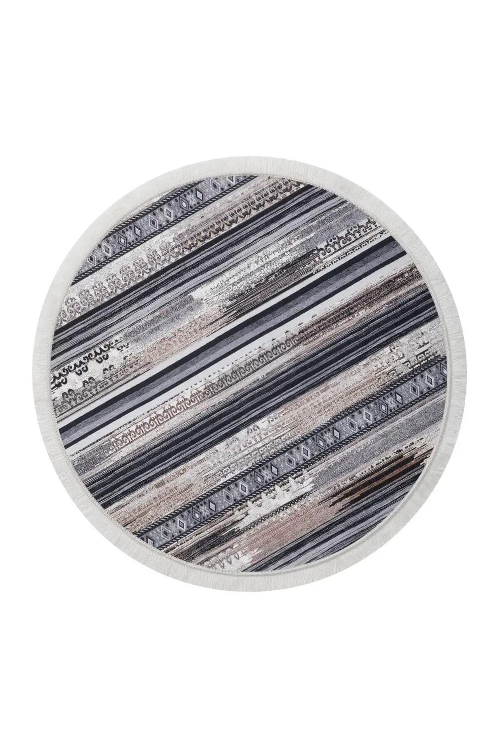 Köln Kahve Saçaklı Dijital Yuvarlak Halı Kaymaz Yıkanabilir 120X1