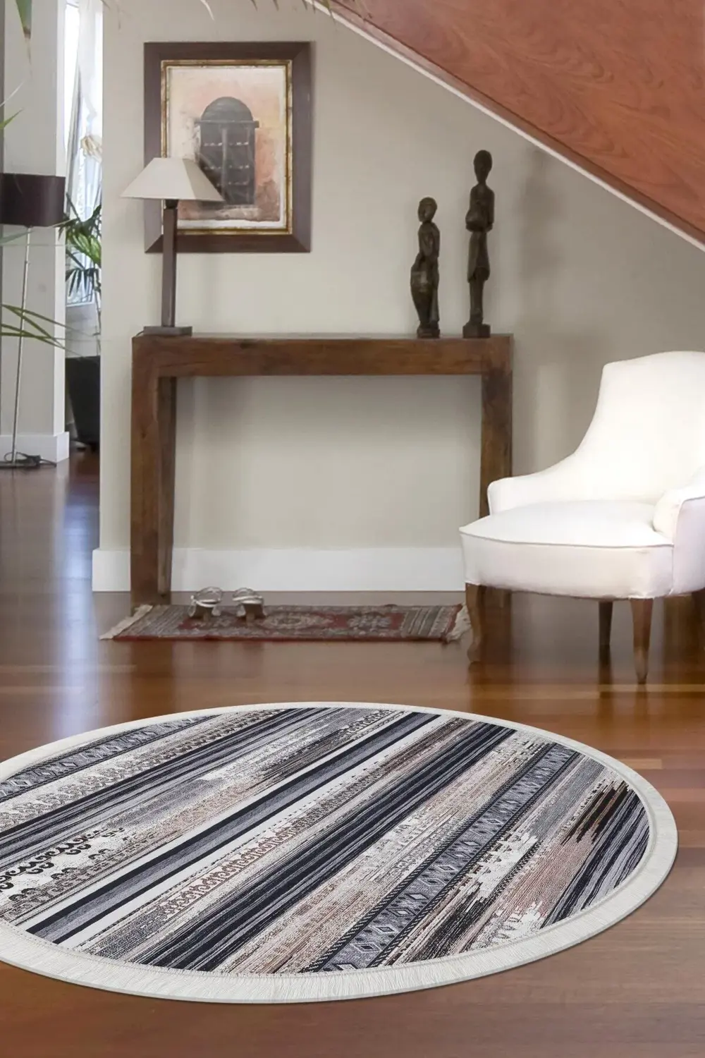 Köln Kahve Saçaklı Dijital Yuvarlak Halı Kaymaz Yıkanabilir 120X1