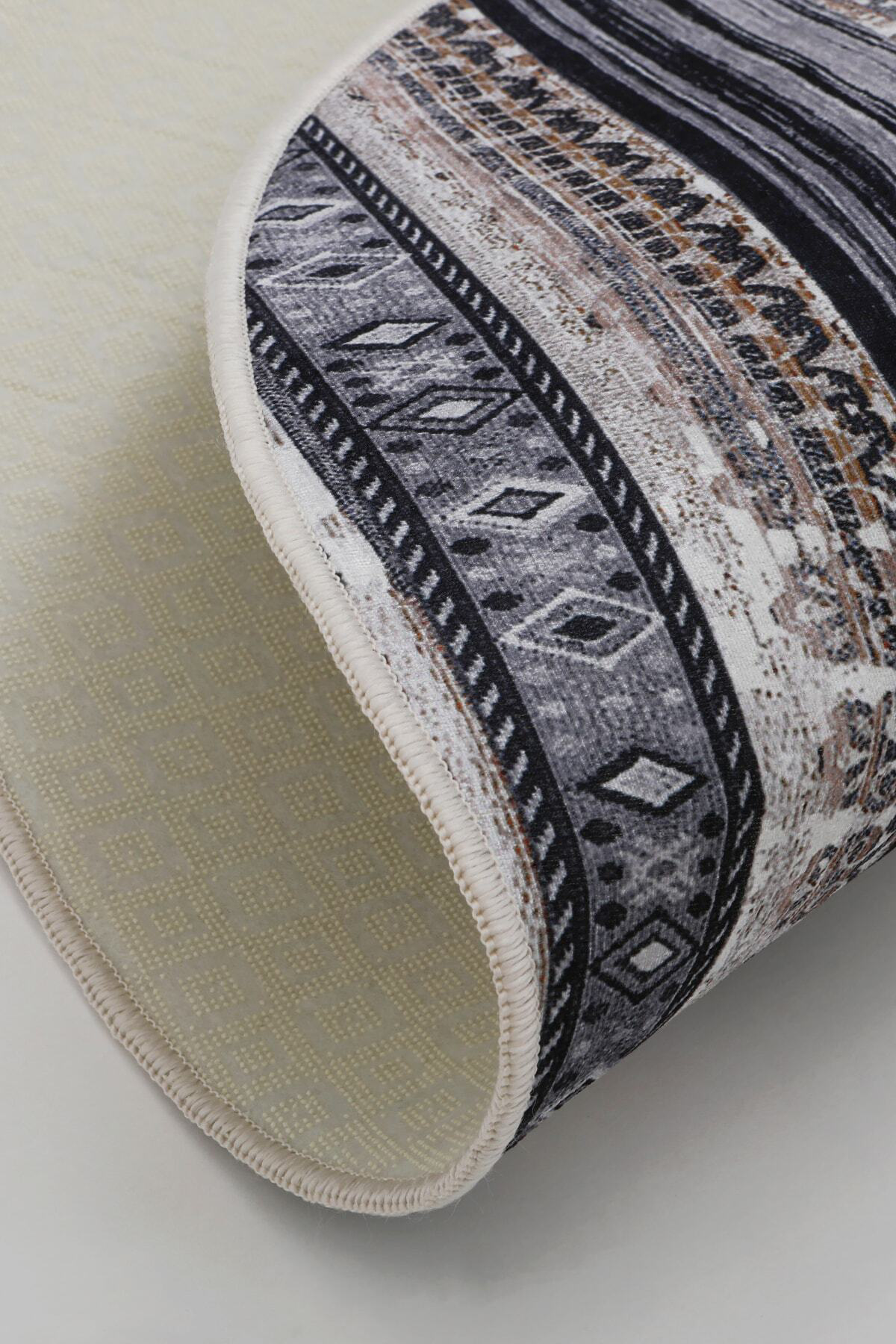 Köln Kahve Saçaksız Dijital Yuvarlak Halı Kaymaz Yıkanabilir