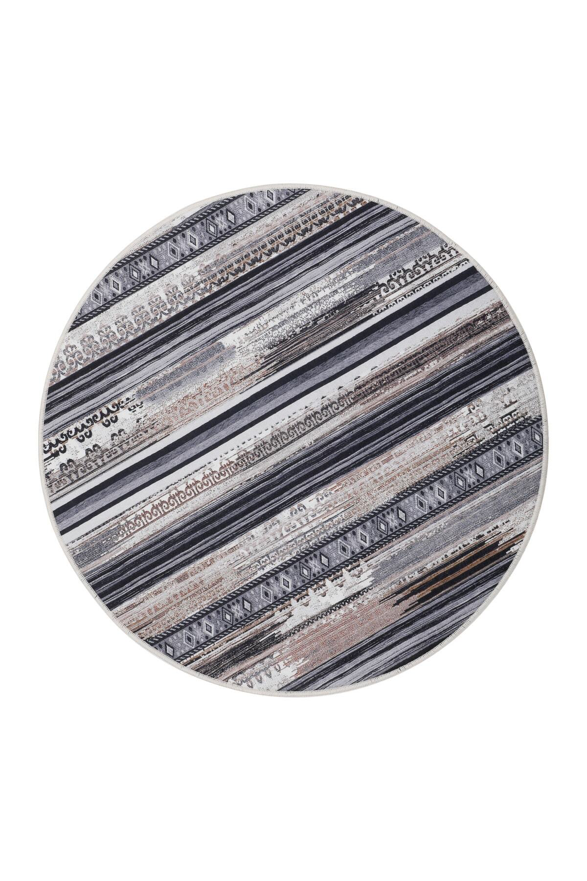 Köln Kahve Saçaksız Dijital Yuvarlak Halı Kaymaz Yıkanabilir