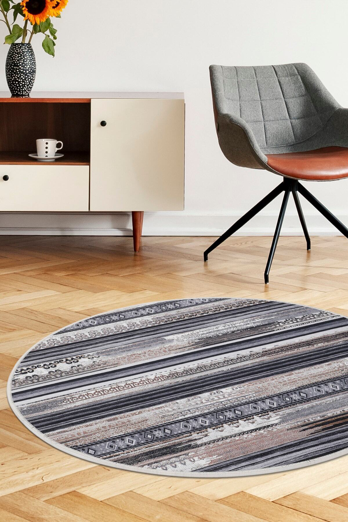 Köln Kahve Saçaksız Dijital Yuvarlak Halı Kaymaz Yıkanabilir