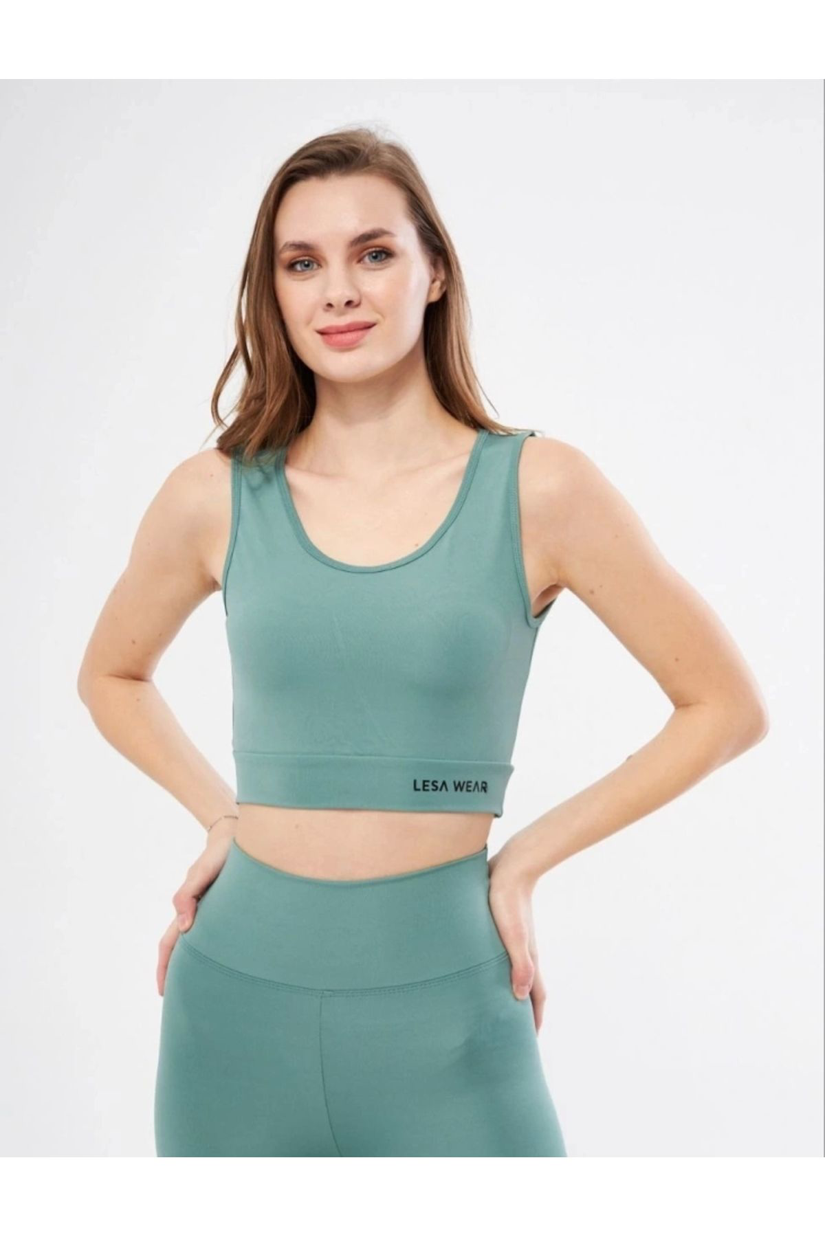 Creis Kolsuz Sporcu Baskili Crop - Mint Yeşili