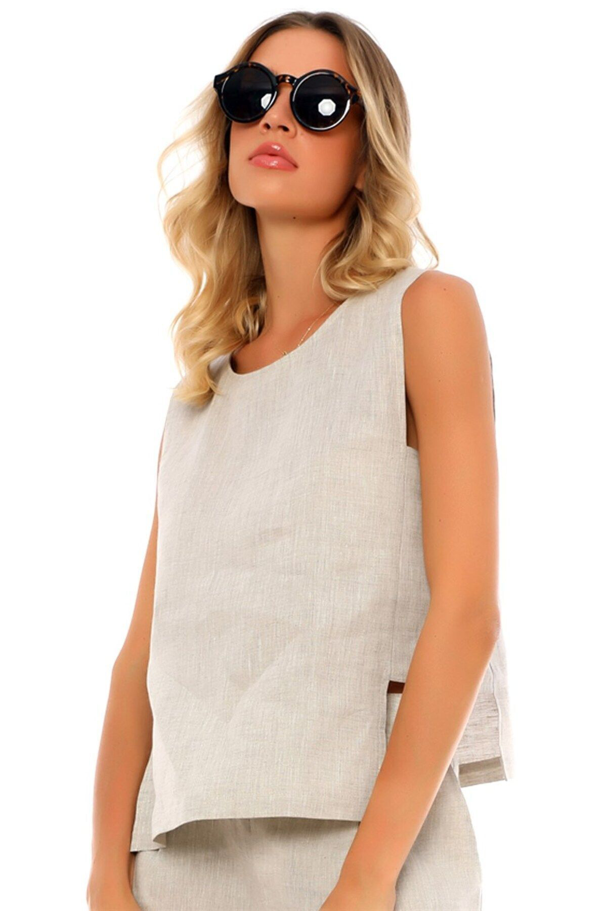 Kolsuz Yuvarlak Yaka Yandan Bantlı Düz Rahat Bluz