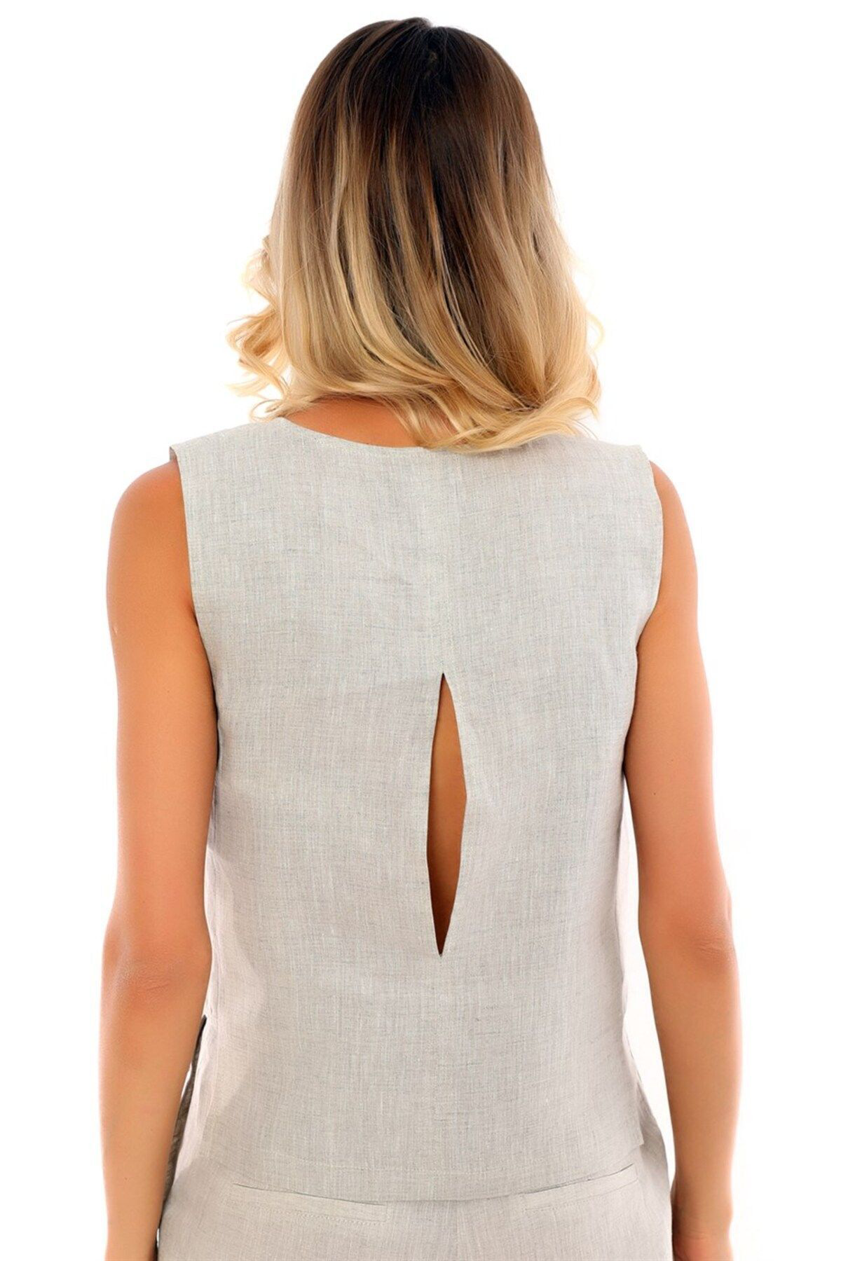 Kolsuz Yuvarlak Yaka Yandan Bantlı Düz Rahat Bluz