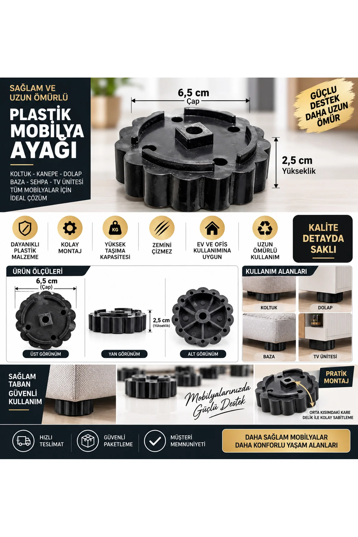 KOLTUK AYAĞI, KANEPE AYAĞI, 4 Adet, BAZA AYAĞI, 2,5 cm PLASTİK Ayak, SİYAH Renk