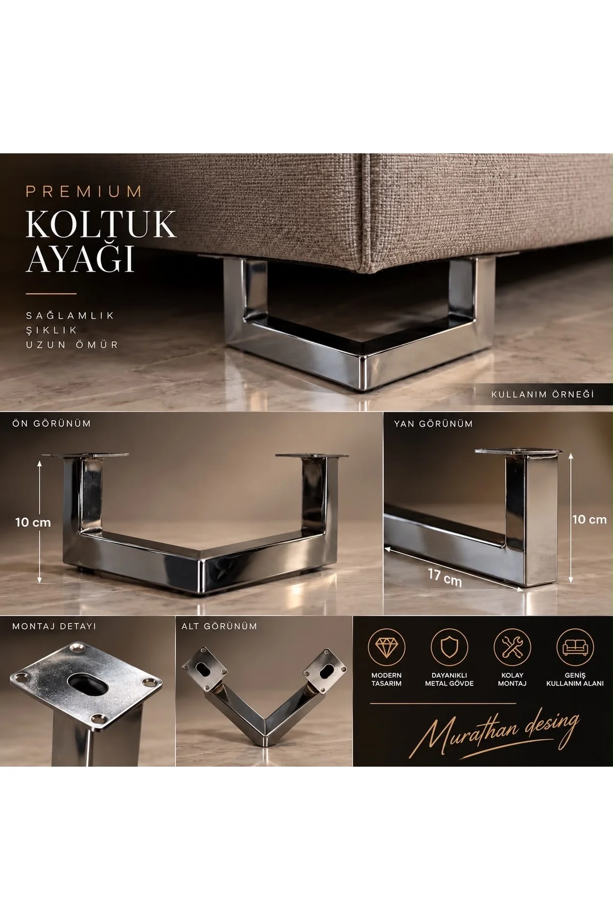 KOLTUK AYAĞI, KANEPE AYAĞI, 4 Adet, BAZA AYAĞI, 10 cm DEMİR Ayak,