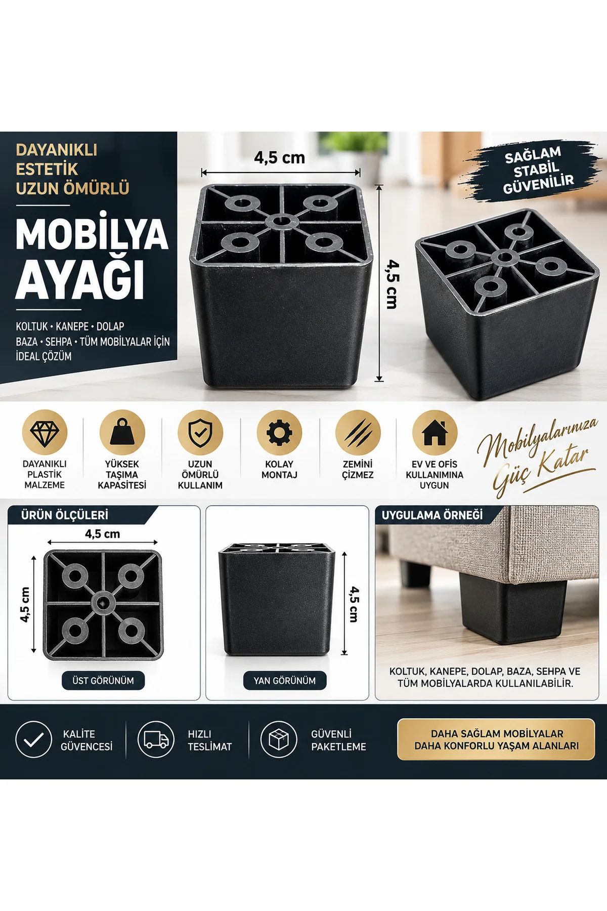 KOLTUK AYAĞI, KANEPE AYAĞI, 4 Adet, BAZA AYAĞI, 4,5 cm PLASTİK Ayak, SİYAH Renk