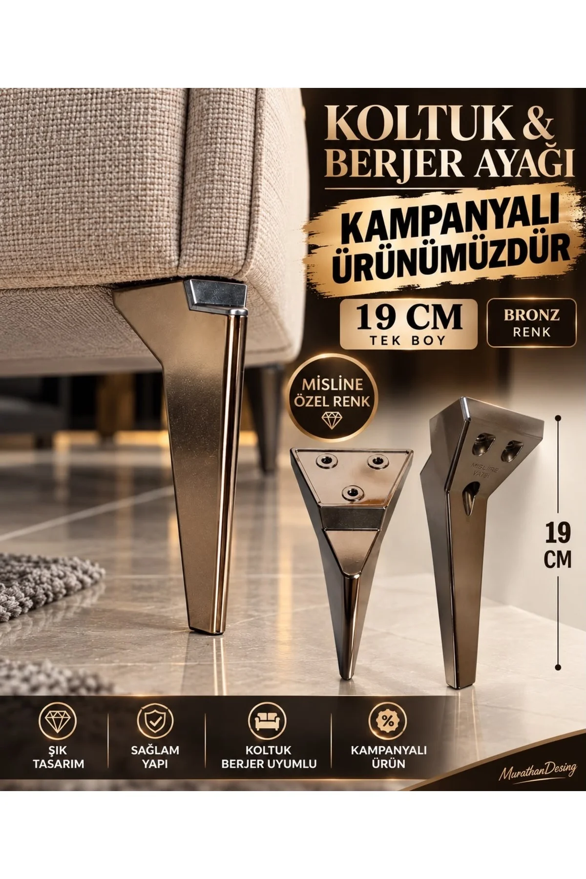 KOLTUK AYAĞI, KANEPE AYAĞI, 4 Adet, 19 cm PLASTİK Ayak, özel bakır Renk