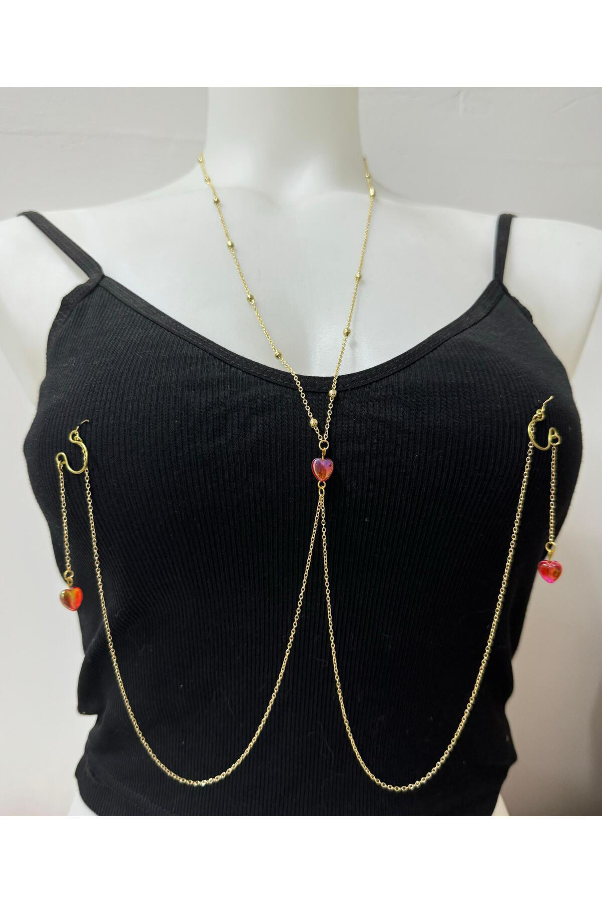 KOLYELİ KALPLİ SIKIŞTIRMA FAKE DELİKSİZ MEME UCU PİERCİNGİ ( KARA