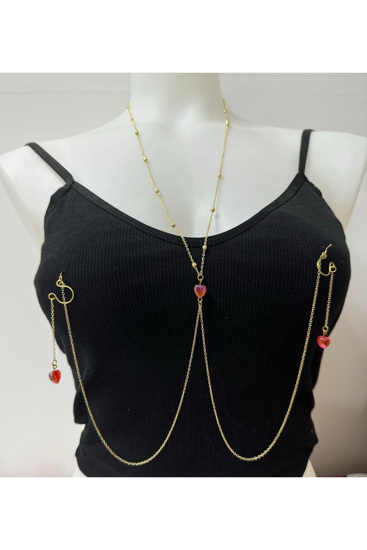 KOLYELİ KALPLİ SIKIŞTIRMA FAKE DELİKSİZ MEME UCU PİERCİNGİ ( KARA