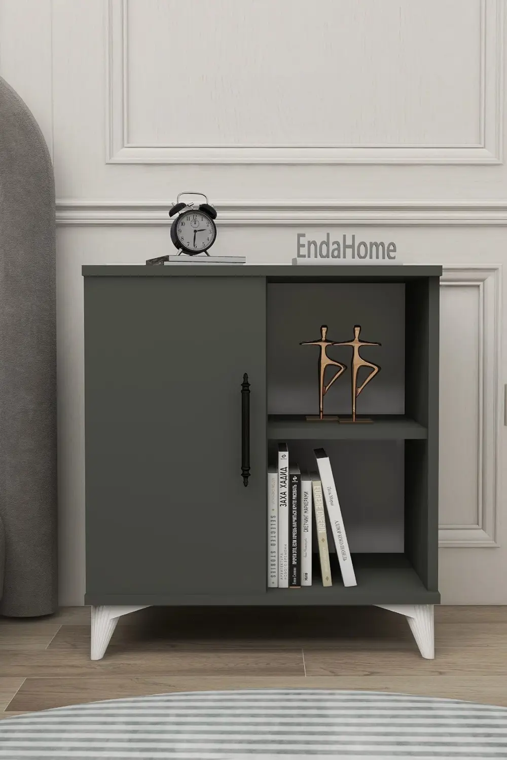 Kommen Kapaklı 2 Bölmeli Komodin Yan Sehpa Antrasit/Koyu Gri