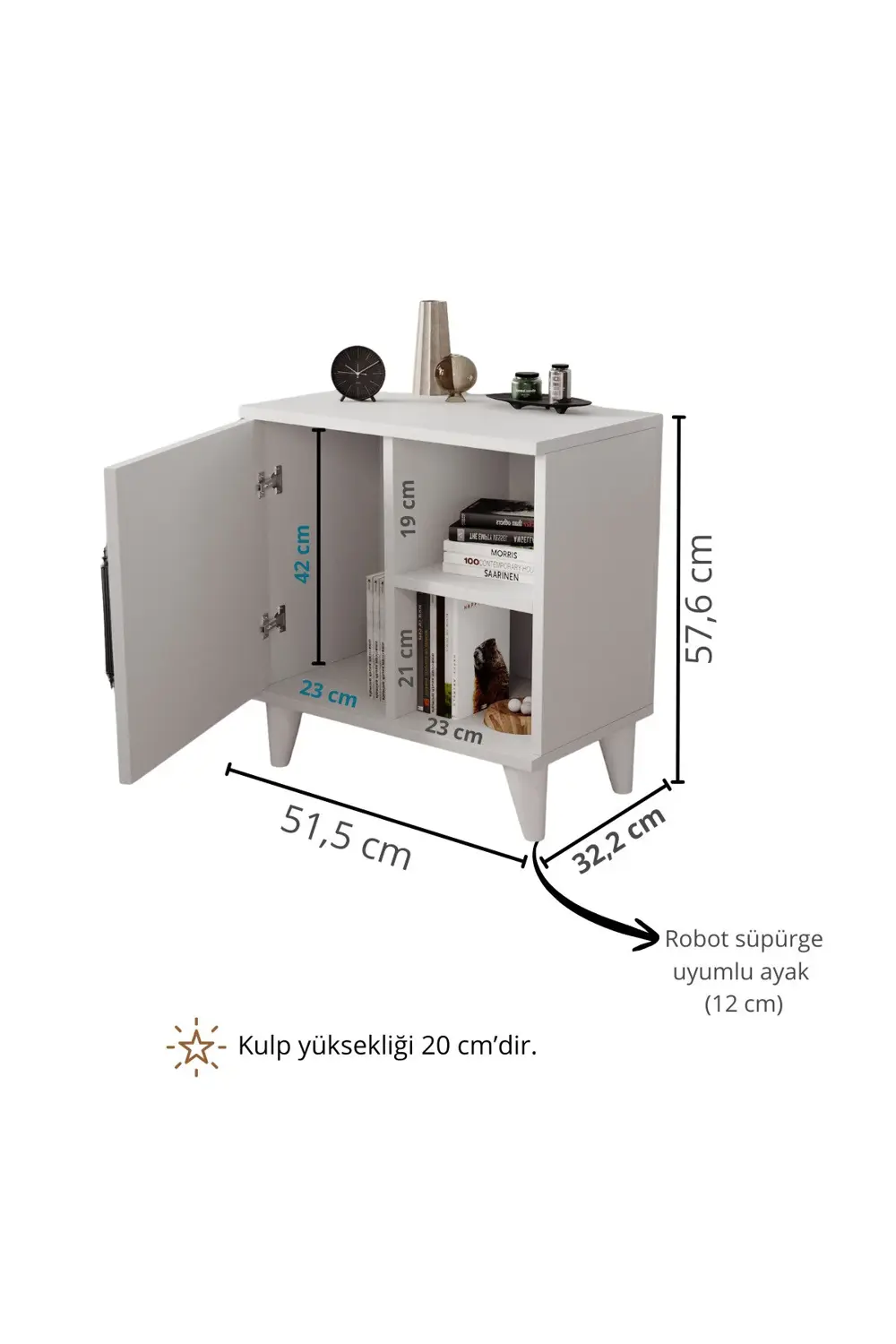 Kommen Tek Kapaklı 2 Açık Bölmeli Komodin