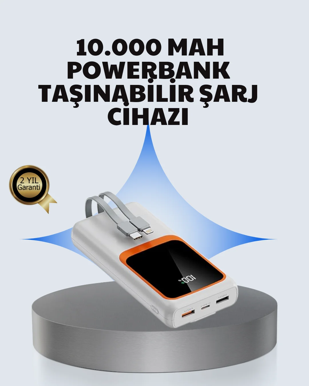 Kompakt 10000 mAh Powerbank – Dijital Göstergeli, Type-C ve Light