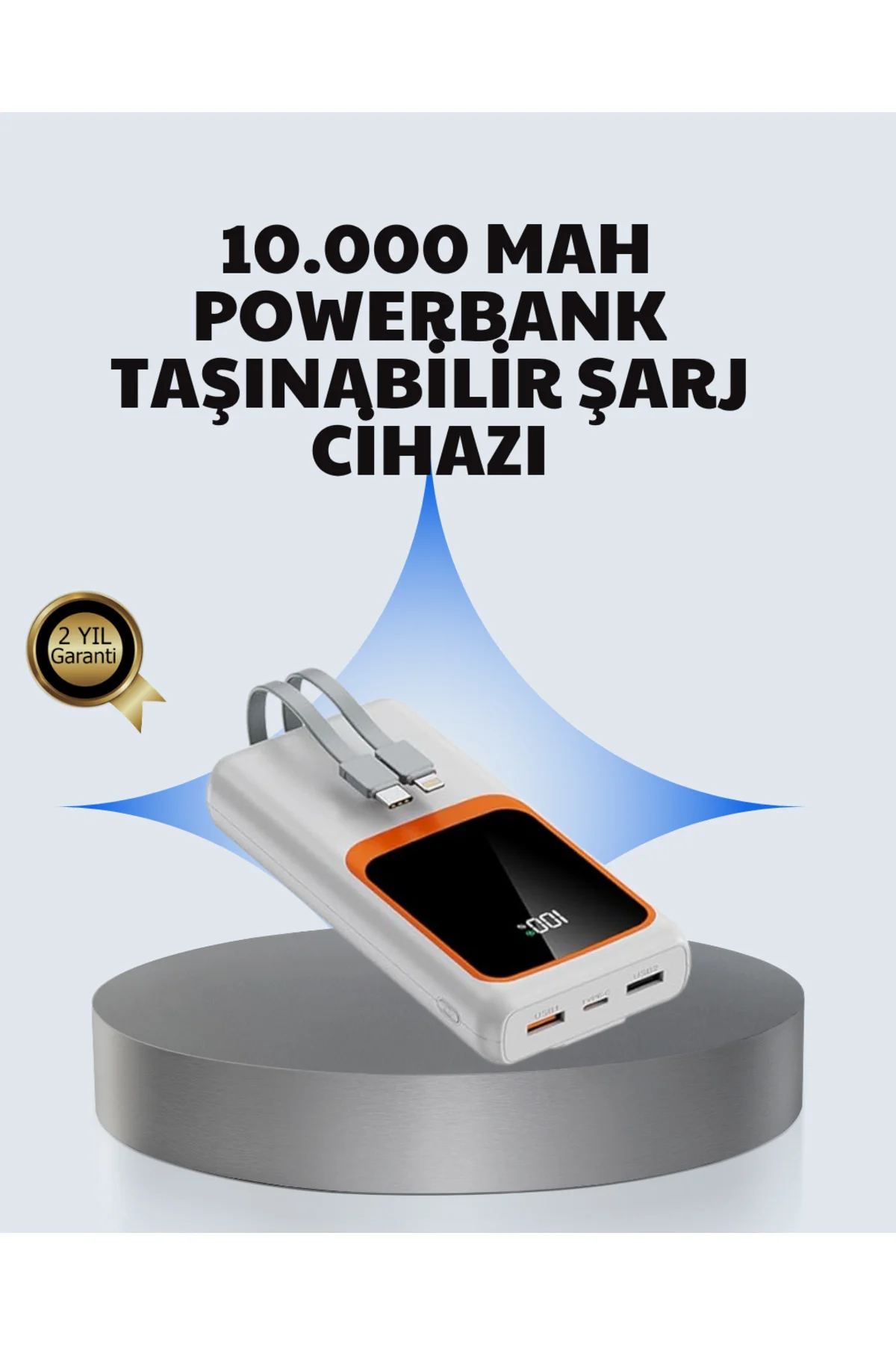 Kompakt 10000 mAh Powerbank – Dijital Göstergeli Type-C ve Lightn
