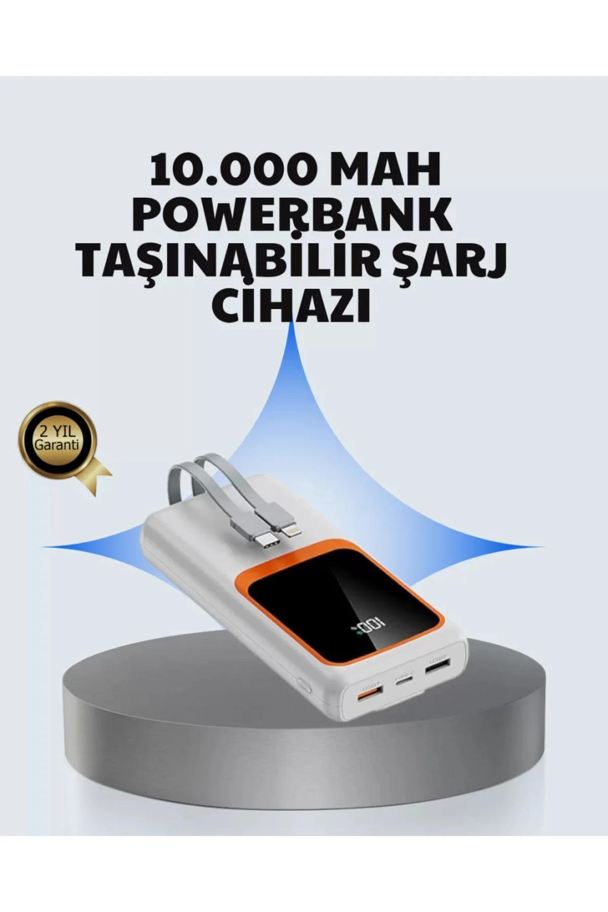 Kompakt 10000 mAh Powerbank – Dijital Göstergeli, Type-C ve Light