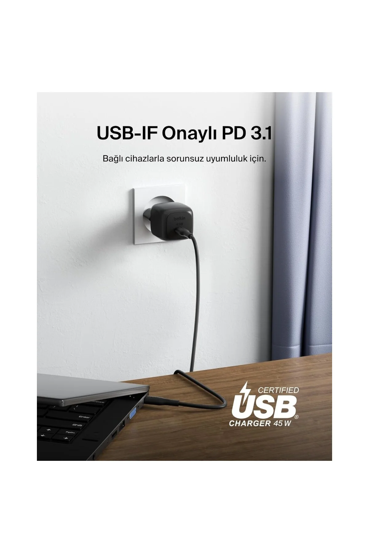 Kompakt Duvar Şarj Cihazı 45 W, iPhone 16, 16 Plus, 16 Pro, 16 Pro Max, 15 Serisi,