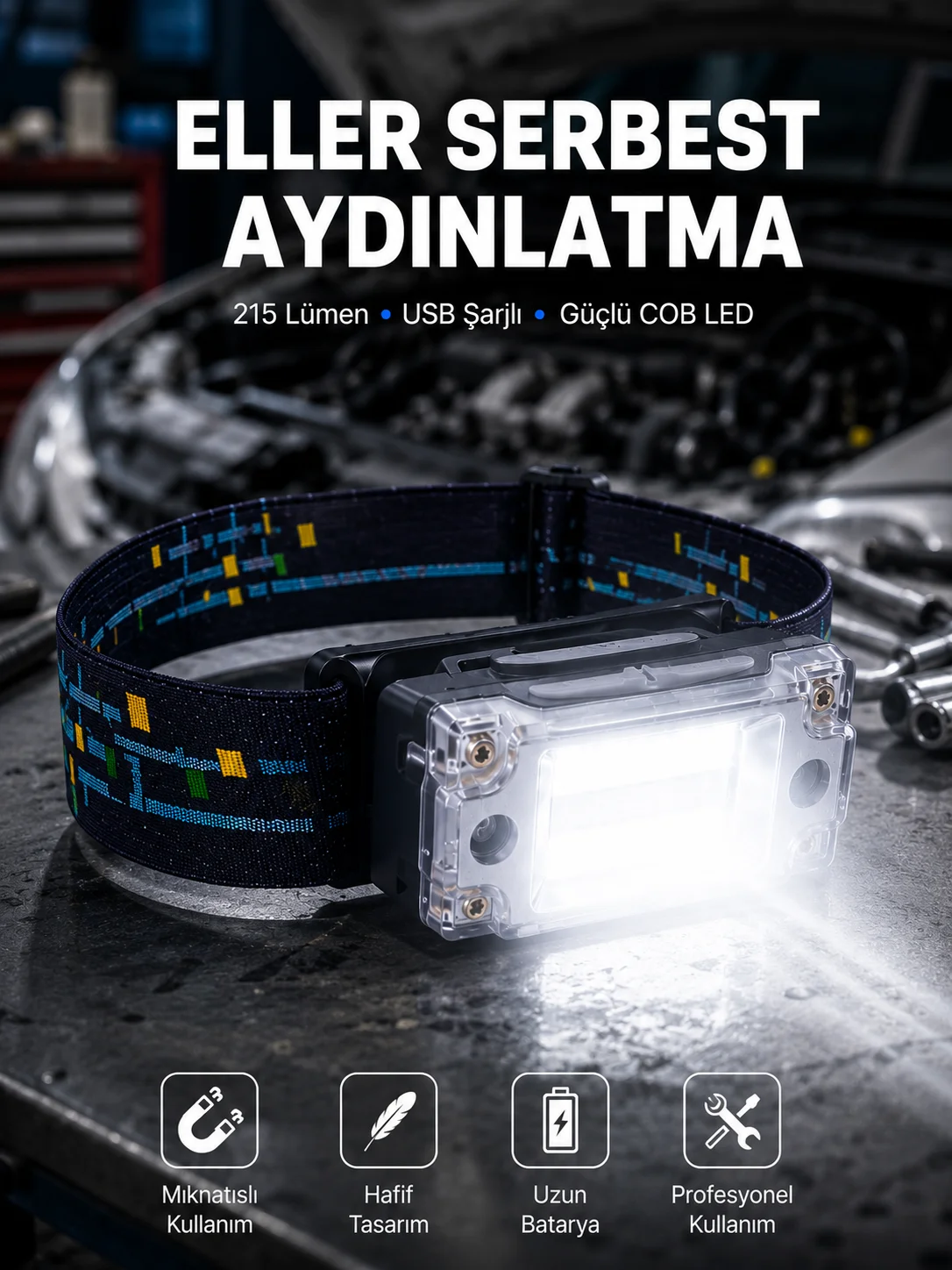 Kompakt LED Kafs Feneri USB Şarjlı Manyetik 2 Işık Modlu 215 Lümen Yeni Nesil