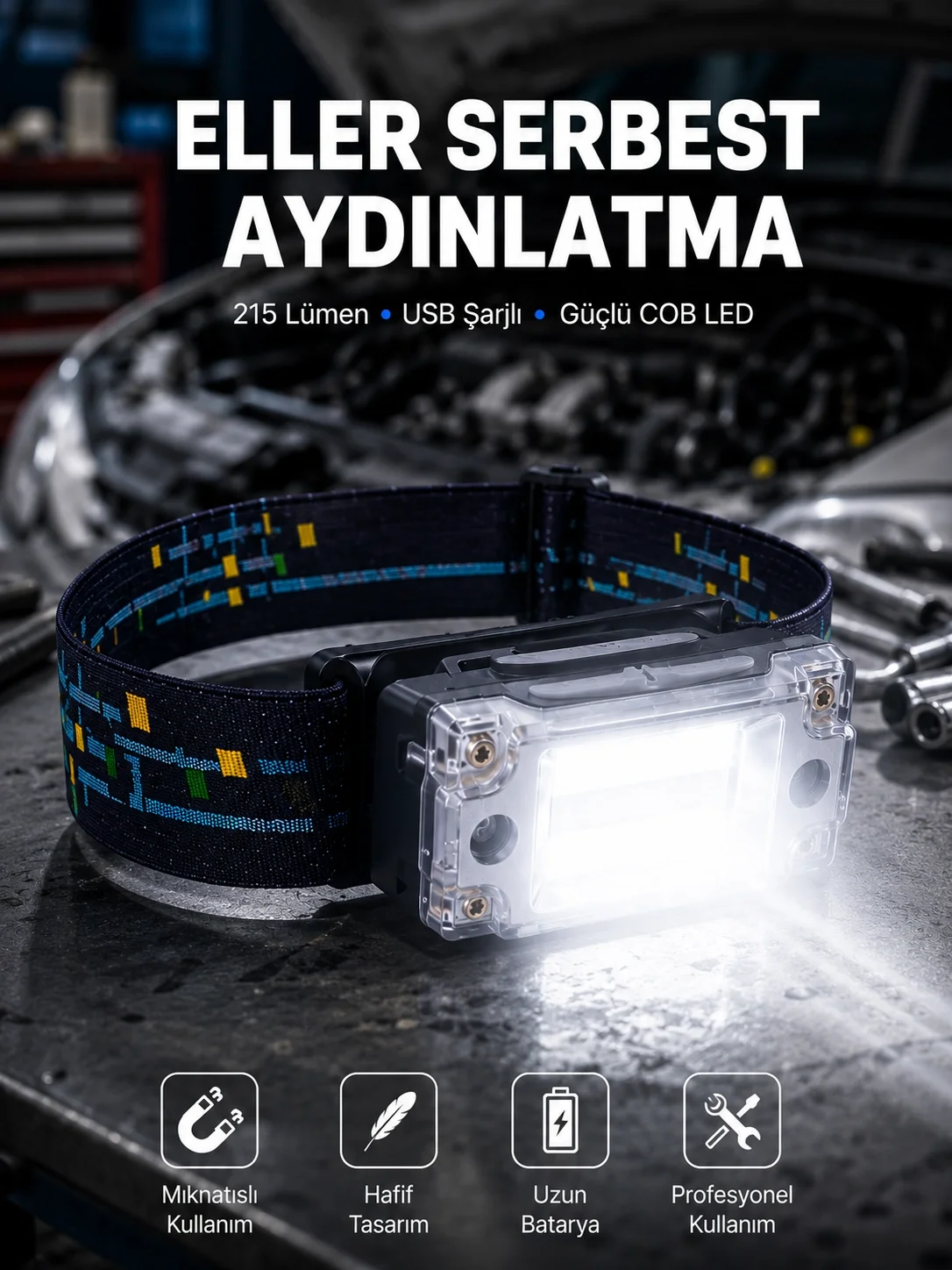 Kompakt LED Kafs Feneri USB Şarjlı Manyetik 2 Işık Modlu 215 Lümen Yeni Nesil