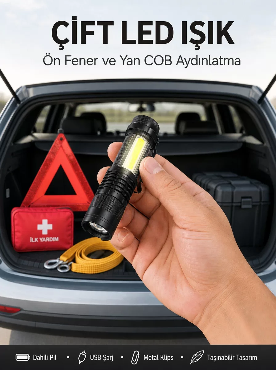 Kompakt Şarjlı LED Fener 2000LM - 4 Modlu, Su Geçirmez ve Kemerli (Kamp & Av Cihazı)