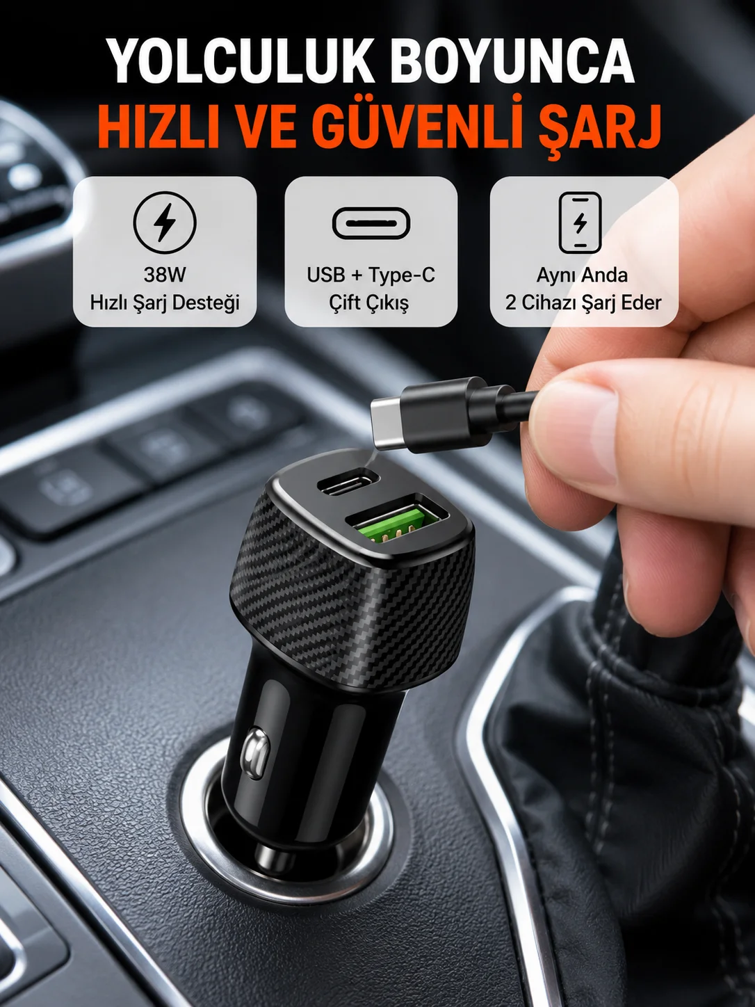 Kompakt Tasarımlı Type-C + USB Girişli Araç Şarj Başlığı