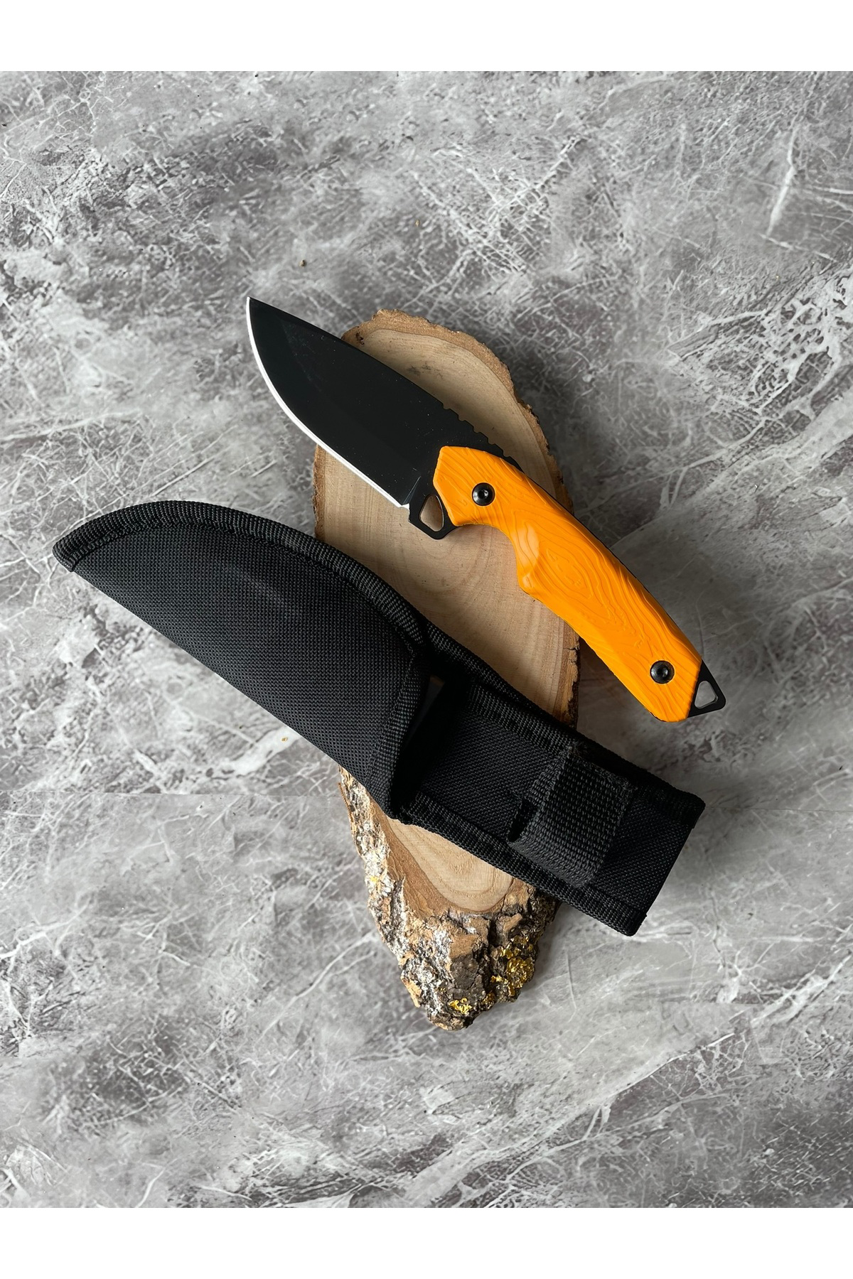 Kompakt Turuncu Kabzeli El Yapımı Kılıflı Kamp ve Av Bıçağı – 20,