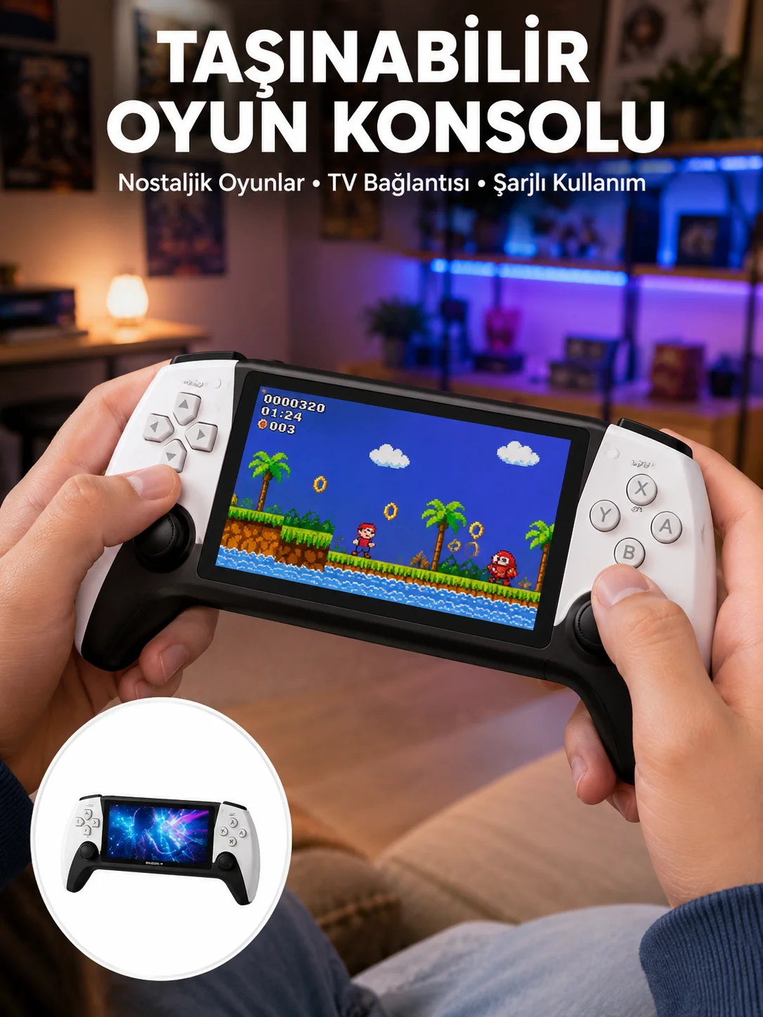 Kompakt ve Hafif Retro Oyun Konsolu 1000 Klasik Oyun Dahil