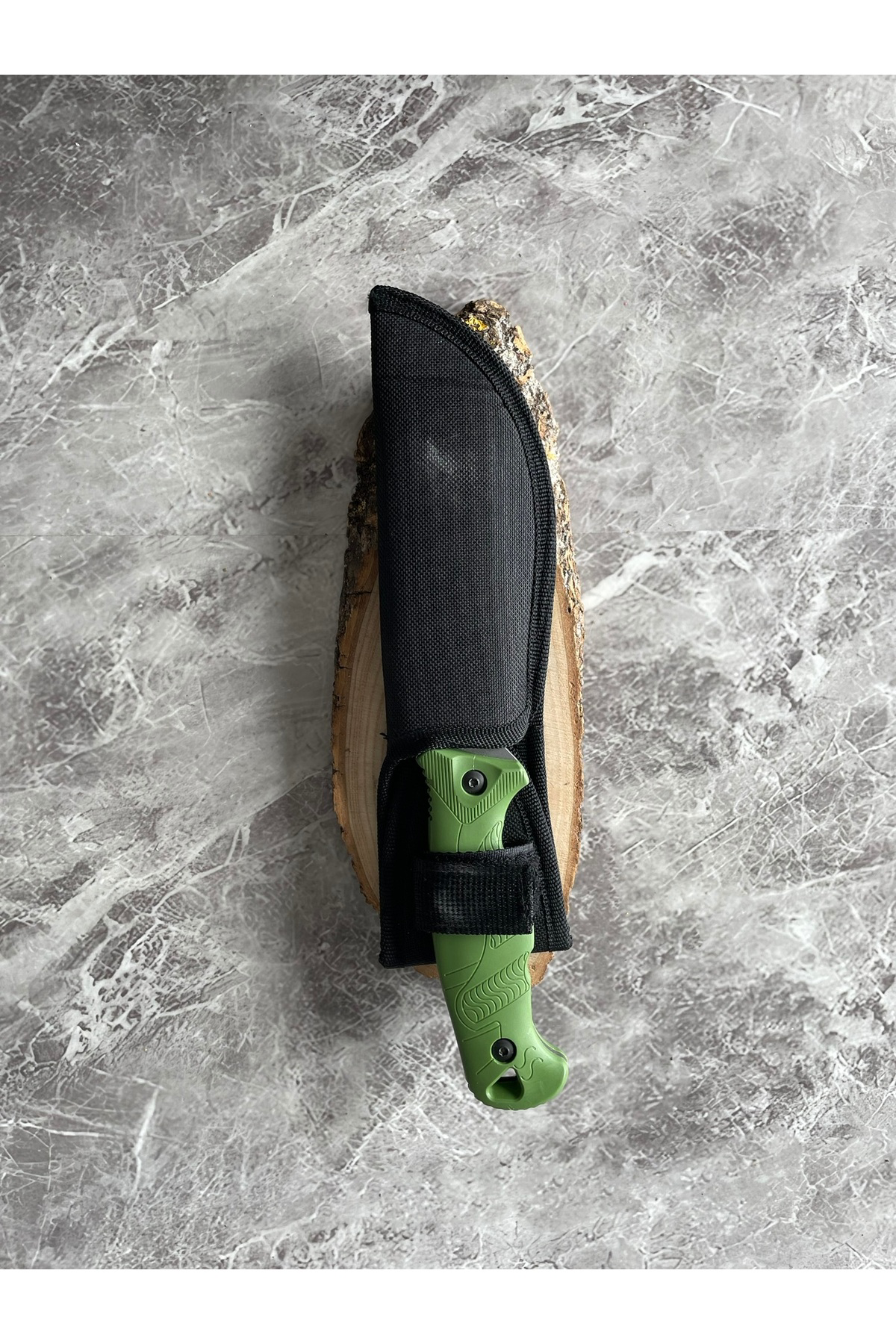 Kompakt Yeşil Kabzeli El Yapımı Kılıflı Kamp ve Av Bıçağı – 24 cm