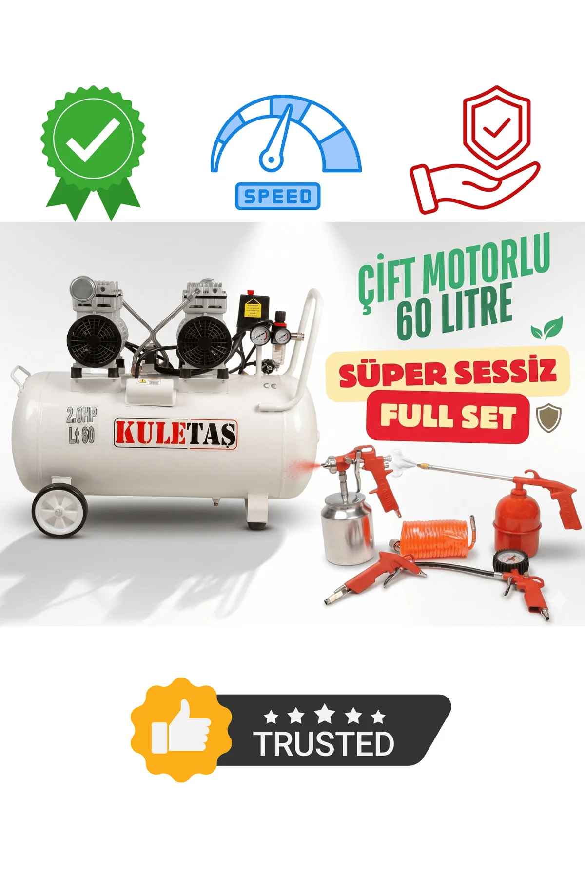 Kompresör Çift Motorlu 60 Litre Süper Sessiz Yağsız - Full Set - Kompresör Çift Motorlu 60 Litre Süper Sessiz Yağsız - Full Set -