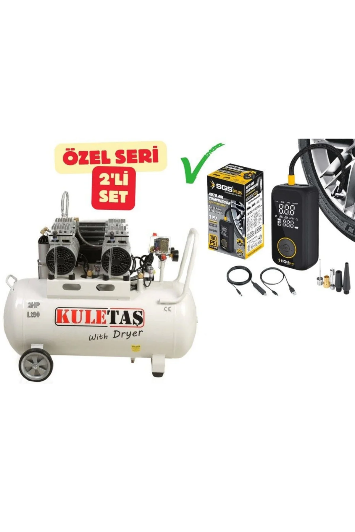 Kompresör Çift Motorlu 60 Litre Süper Sessiz Yağsız + Şarjlı Hava