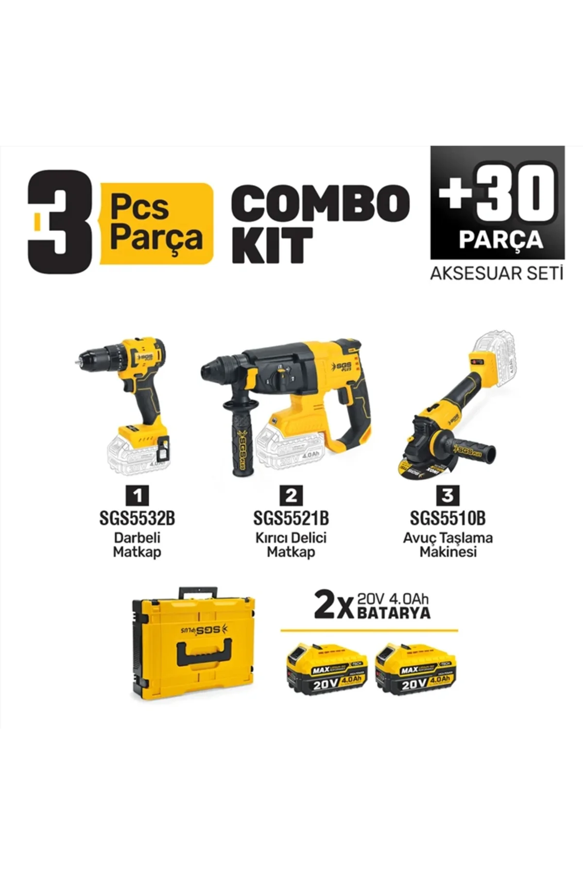 Kömürsüz Akülü Taşlama - Matkap - Kırıcı/delici 3'lü Kombo Set Çantalı SGS-5450 Kömürsüz Akülü Taşlama - Matkap - Kırıcı/delici 3'lü Kombo Set Çantalı SGS-5450